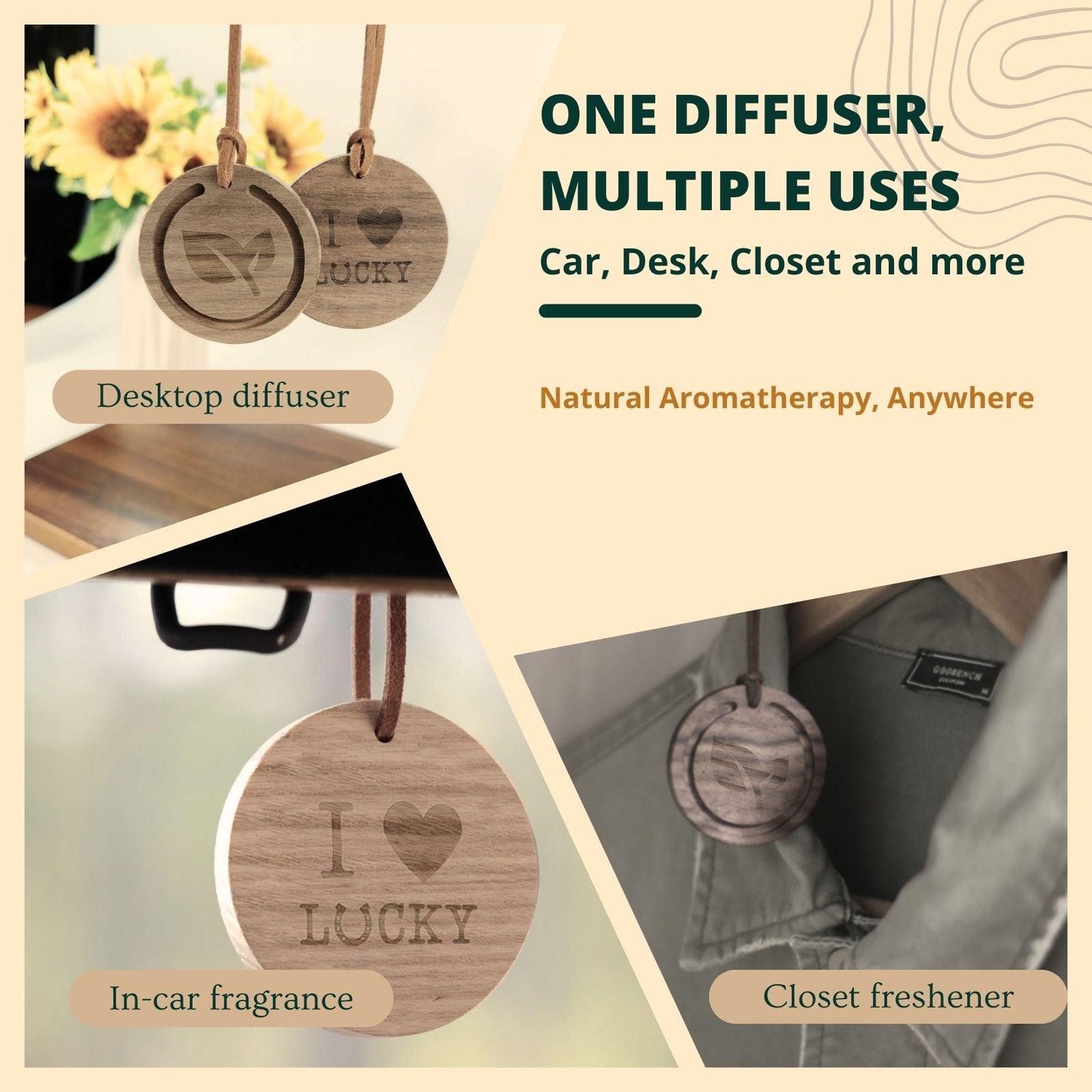 Natural Wood Essential Oil Diffuser for Car, Home, Office & Closet, Round Passive Scent Diffuser, No Heat or Water Needed