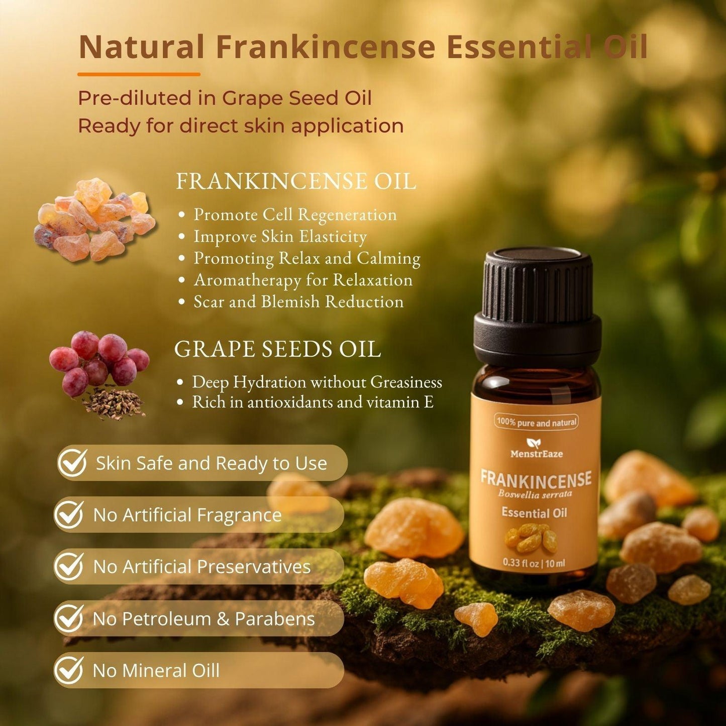 Frankincense & Grapeseed Essential Oil Dropper Bottle for Skin, Candle Making and Body Massages, 10ml