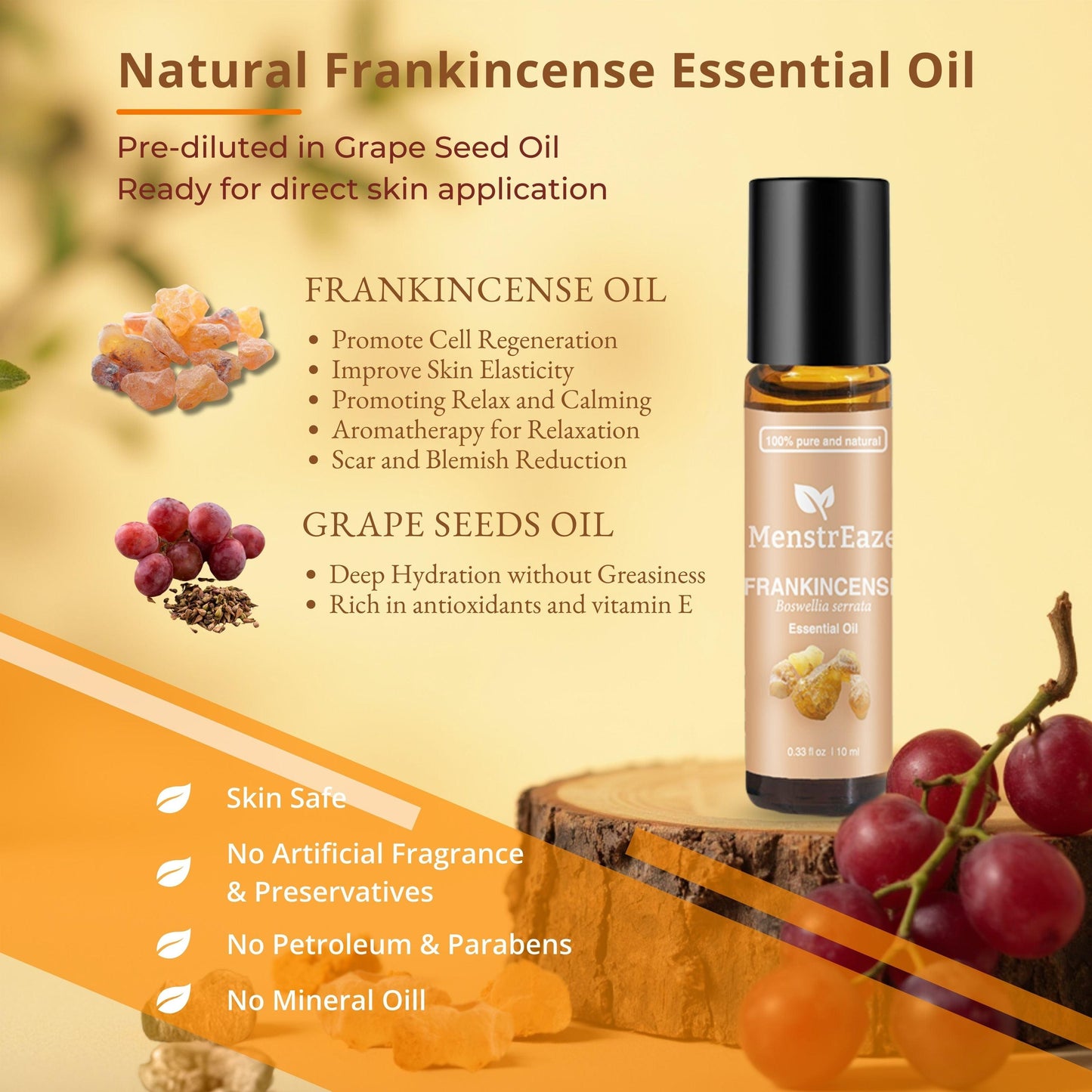 Frankincense & Grapeseed Essential Oil Roll On for Fine lines and Daytime Skincare, 10 ml